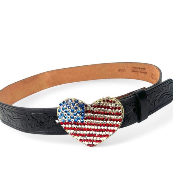 CACHE S American Flag METAL HEART Rhinestones Flag Buckle Leather Belt USA - Picture 5 of 5